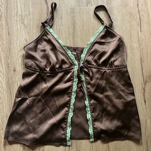 Social Tourist Brown Satin Babydoll Cami // green lace camisole tank top y2k